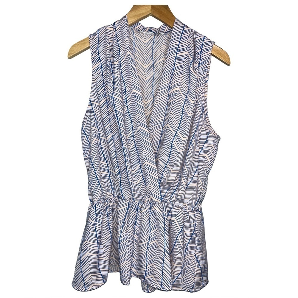 Poema V-Neck Peplum Chevron Pattern Top in Blue and Pink